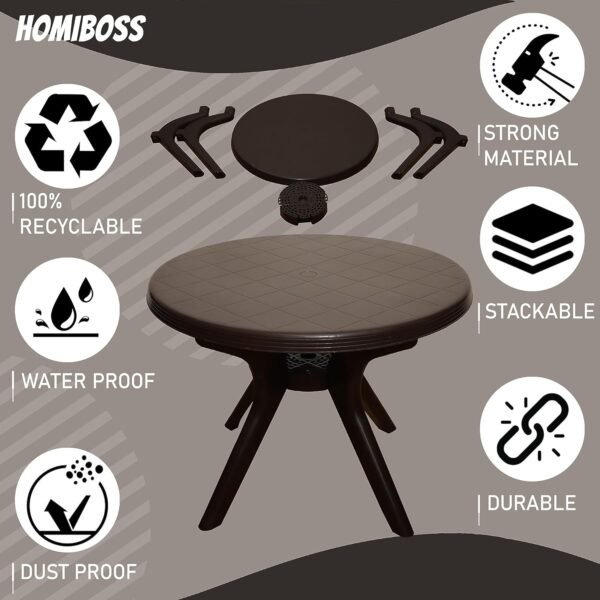 Homiboss Plastic Round Table | Dining Table for Home, Office, Study | Glossy Finish Center Table | Coffee Table | Color- Brown | 4 Seater | 1 Piece - Image 3